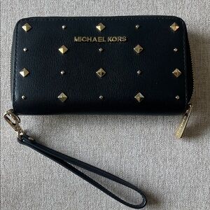 Michael Kors Black Wristlet Clutch with Gold Studs